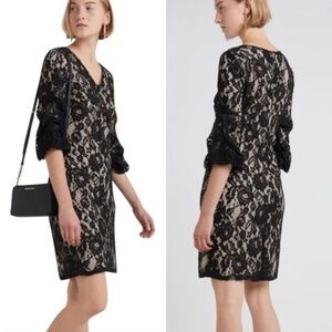 DKNY Black W/Nude Lining Ruched Lace V Neck Shift Dress New With Tags Size 14